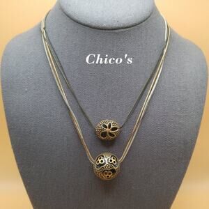 Chico’s Layered Pendant Necklace Black Enamel Beads Multistrand Chains